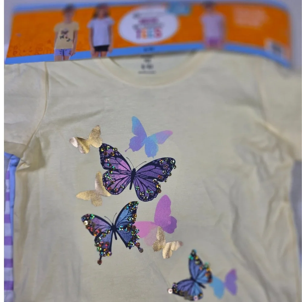 Members Mark Girls 3 Pack My Favorite Tees Butterfly Striped Shirts Size 6 6X